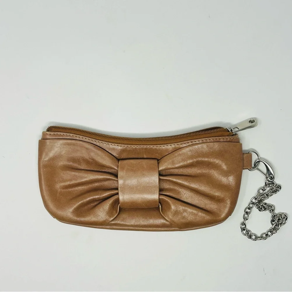 Carla Danelli Tan Brown Leather Bow Pochette Wristlet Purse‎